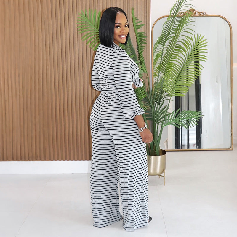 MB10202 Women Striped Tie‑Front V‑Neck Jumpsuit
