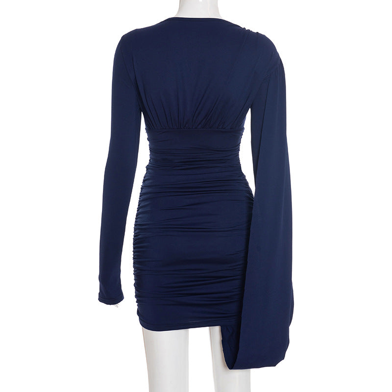 MB1414 Navy Blue Ruched Bodycon Mini Dress for Women