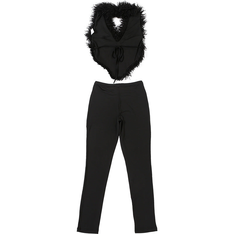 MB1801 Women's Faux Fur Trim Top & High Waist Leggings Two-Piece Outfit