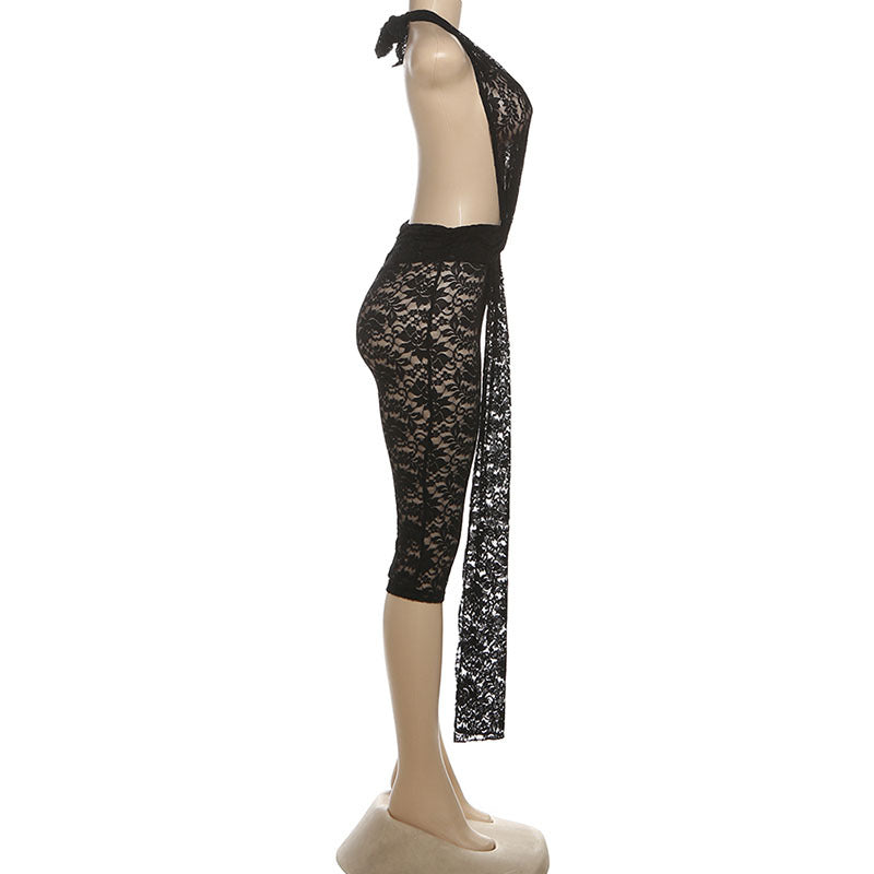 MB1119 Black Lace Halter Backless Skinny Jumpsuit