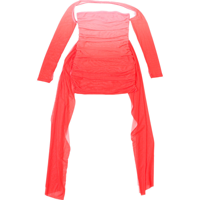 MB1809 Women's Pink-to-Red Gradient Ruched Mini Dress