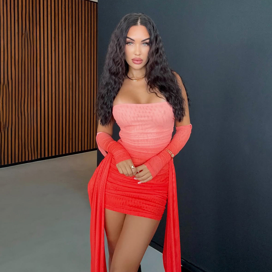 MB1809 Women's Pink-to-Red Gradient Ruched Mini Dress