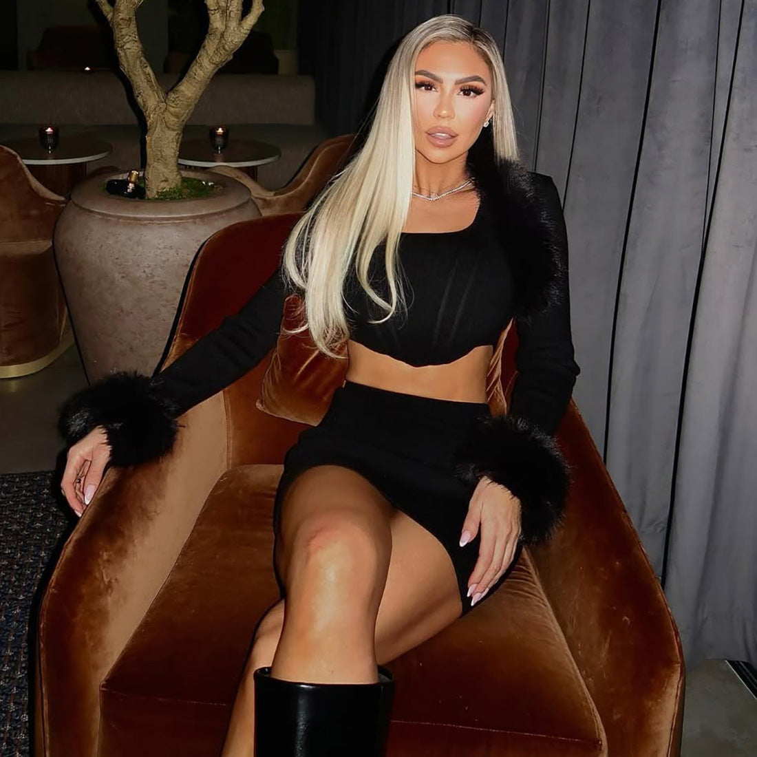 MB1813 Women's Faux Fur 3-Piece Set Crop Top Mini Skirt Long Sleeve Shrug