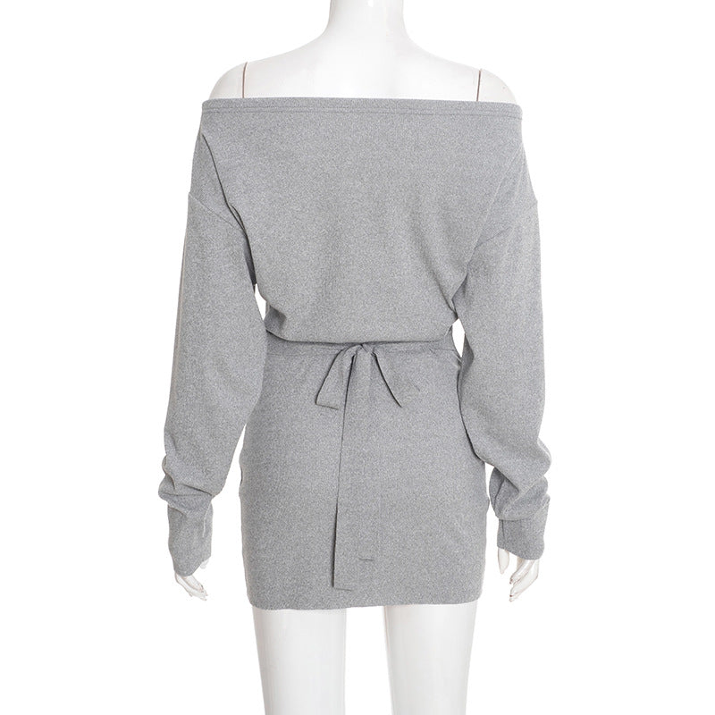 MB1441 Off Shoulder Knit Mini Dress with Tie Waist and Balloon Sleeves