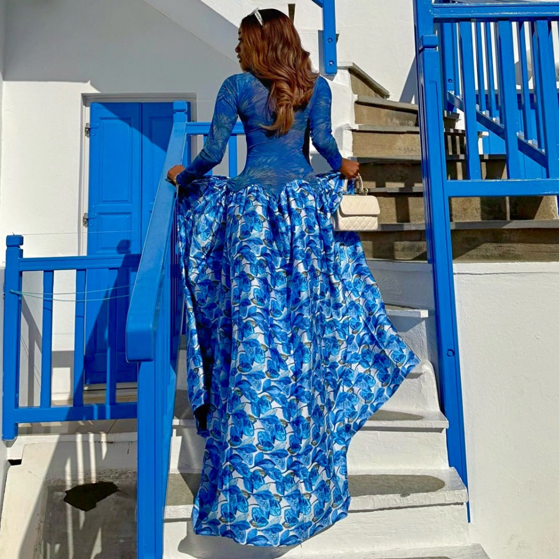 MB1814 Women's Blue Floral Milk Silk A-Line Maxi Dress