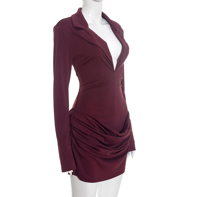 MB1438 Women's Deep V-Neck Ruched Bodycon Mini Dress