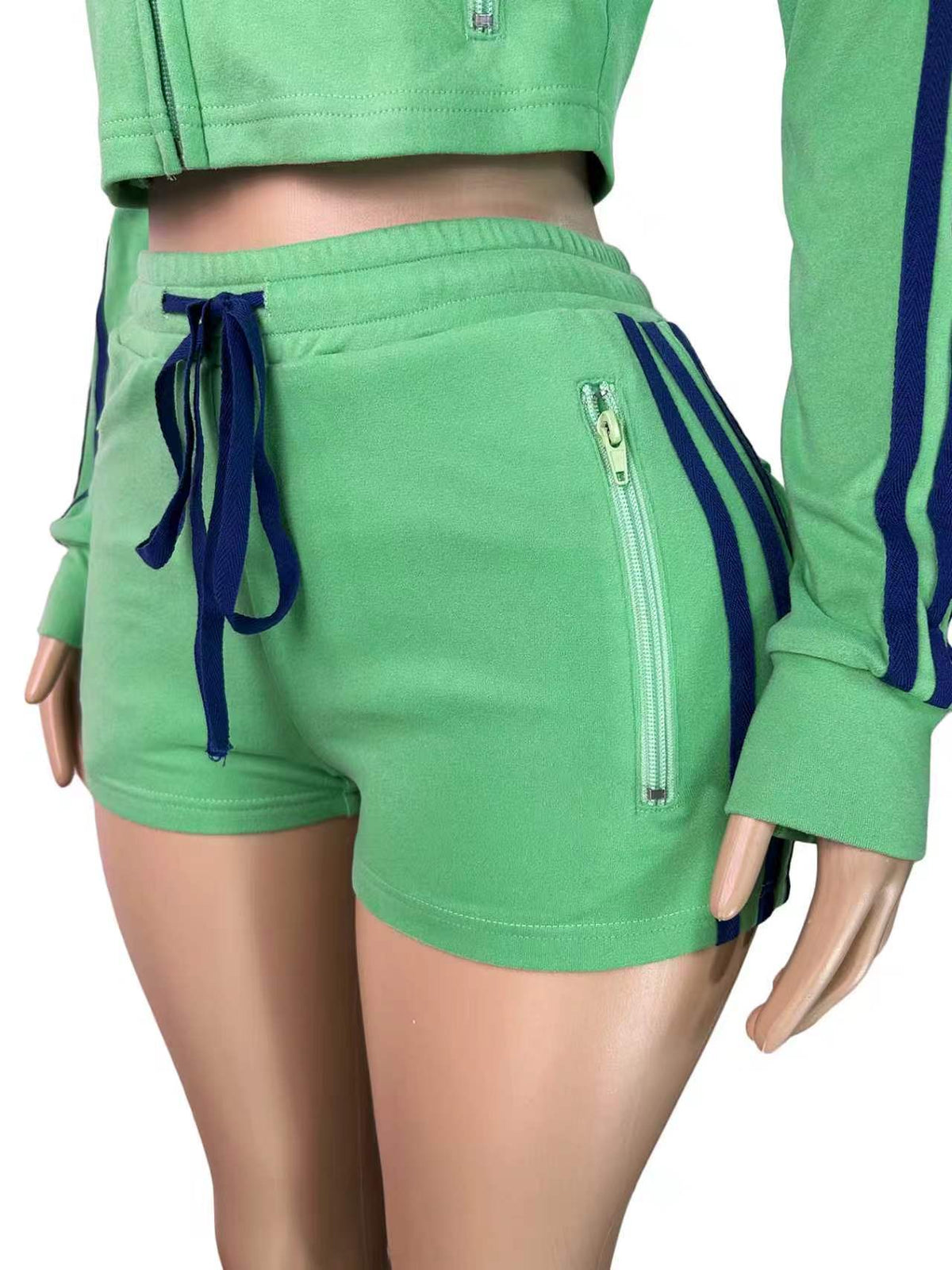 MB1731 Striped Velour Cropped Jacket & High‑Waist Shorts 2‑Piece Tracksuit Set