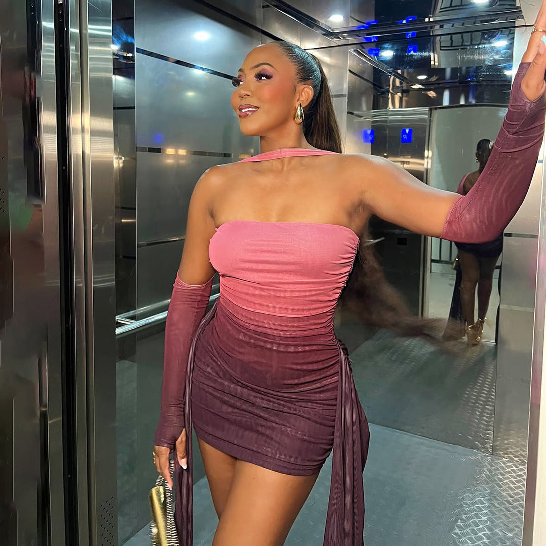 MB1809 Women's Pink-to-Red Gradient Ruched Mini Dress