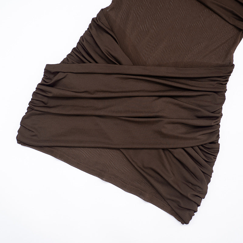 MB1409 Mock Neck Sheer Mesh Ruched Mini Dress for Women