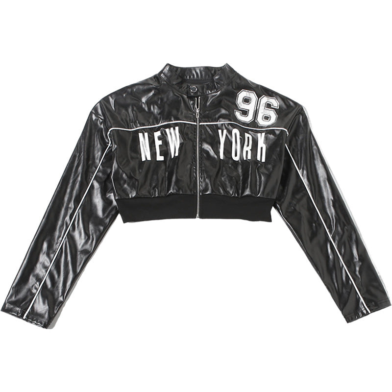 MB1106 Black Cropped PU Leather Bomber Jacket
