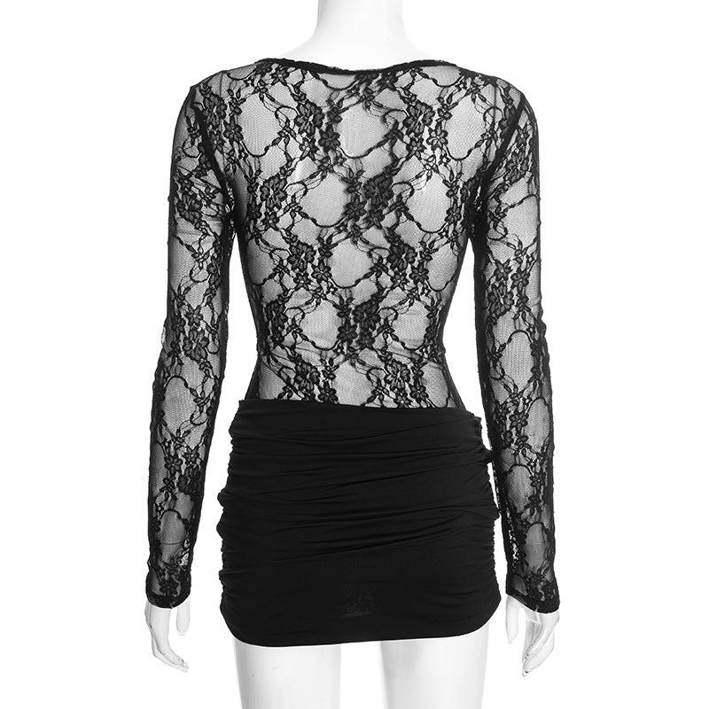MB1430 Black Sheer Lace Bodycon Mini Dress