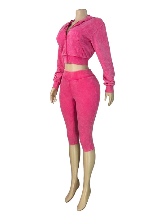 MB1734 Washed Ribbed Cropped Hoodie & Scrunch‑Butt Capri Leggings 2‑Piece Set