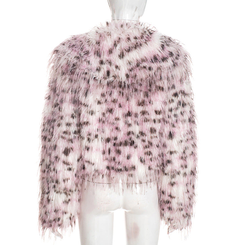 MB10141 Women’s Pink Leopard Print Long Fur Cropped Jacket