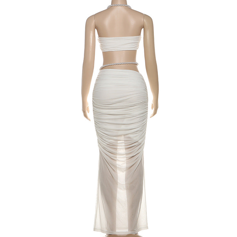 MB1128 Pearl Accent Crop Top & Ruched Bodycon Maxi Skirt Two Piece Set