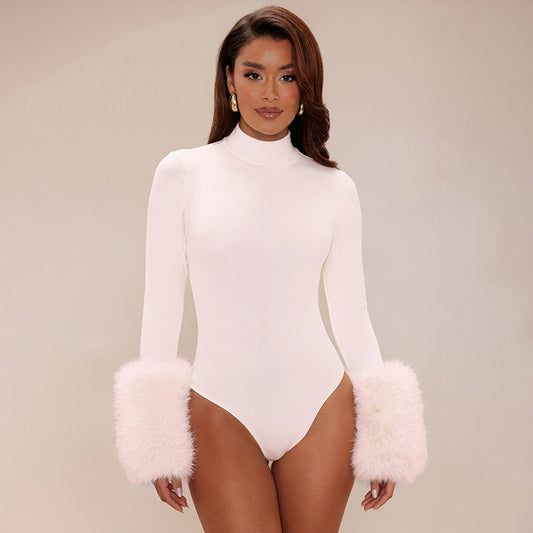 MB10135 Women’s Long Sleeve Fur Cuff Bodysuit