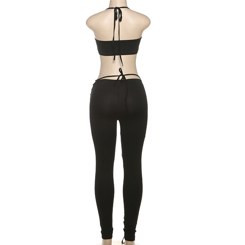 MB1807 Women's Nude Halter Bandeau Crop Top & Waist-Leg Lace-Up High-Waist Leggings Two-Piece Outfit