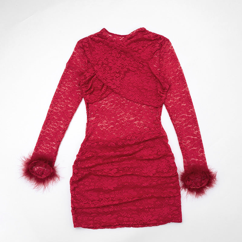 MB10117 Lace Sheer Bodycon Dress with Fur Cuff Detail