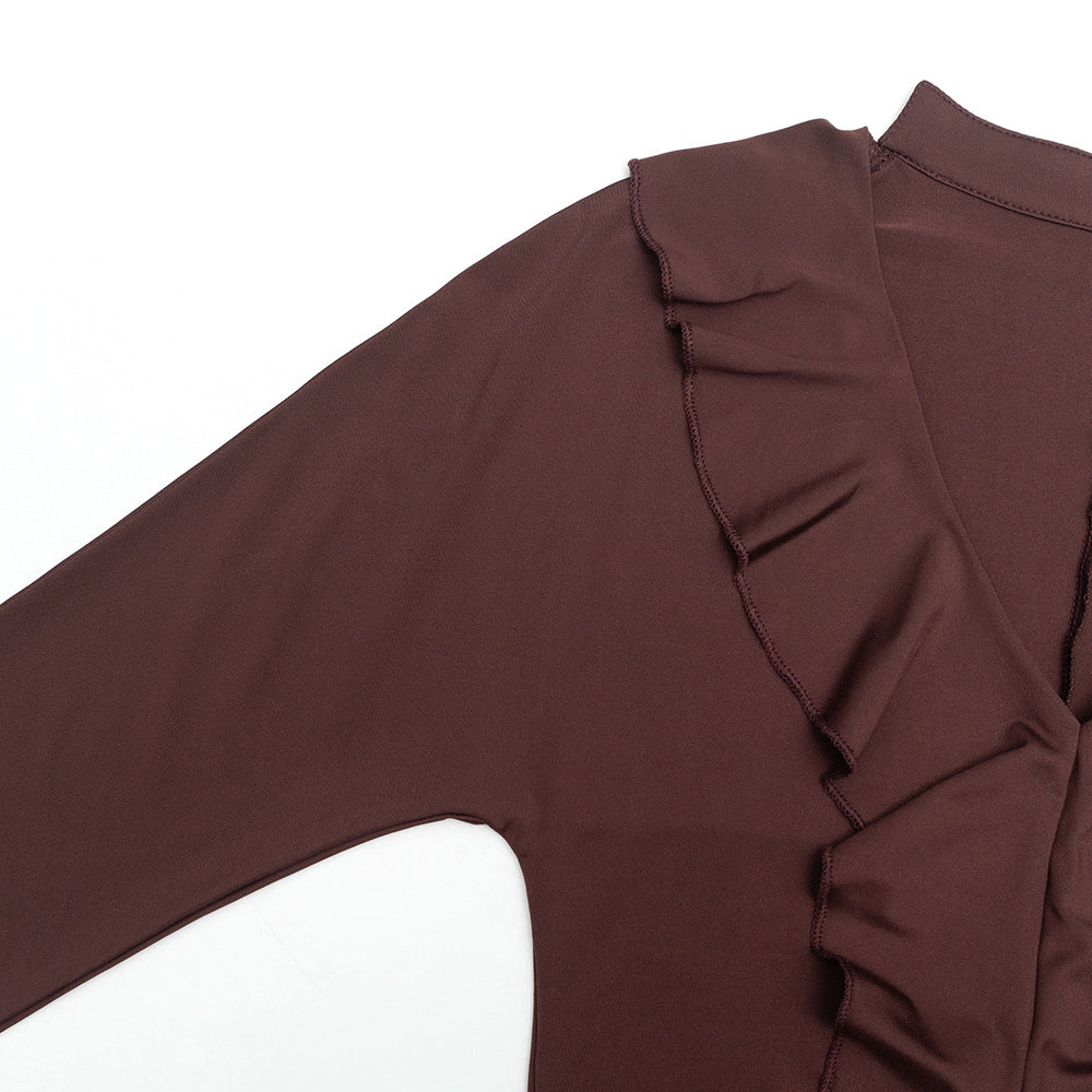 MB1312 Chocolate Brown V-Neck Ruffle Bodycon Mini Dress