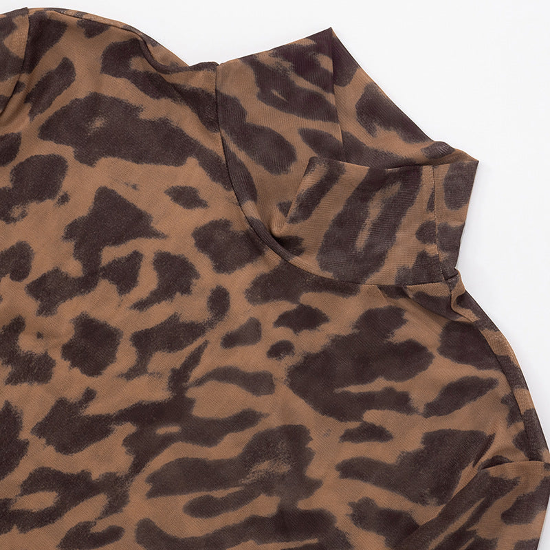 MB1060 Leopard Mesh Jumpsuit & Leggings Two-Piece Set for Women