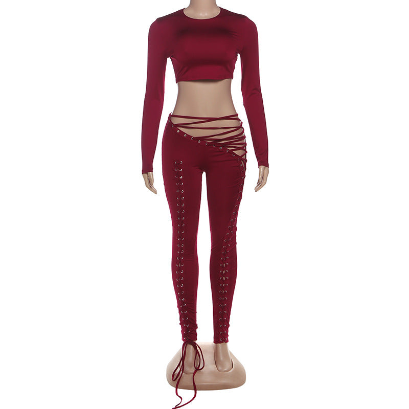 MB1810 Fitted Crop Top & Lace-Up Pants Two-Piece Outfit