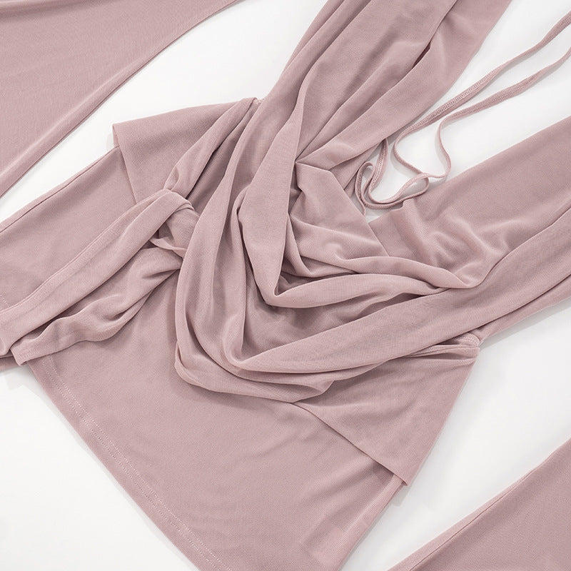 MB1031 Women's Mesh Backless Dress with Draped Neckline