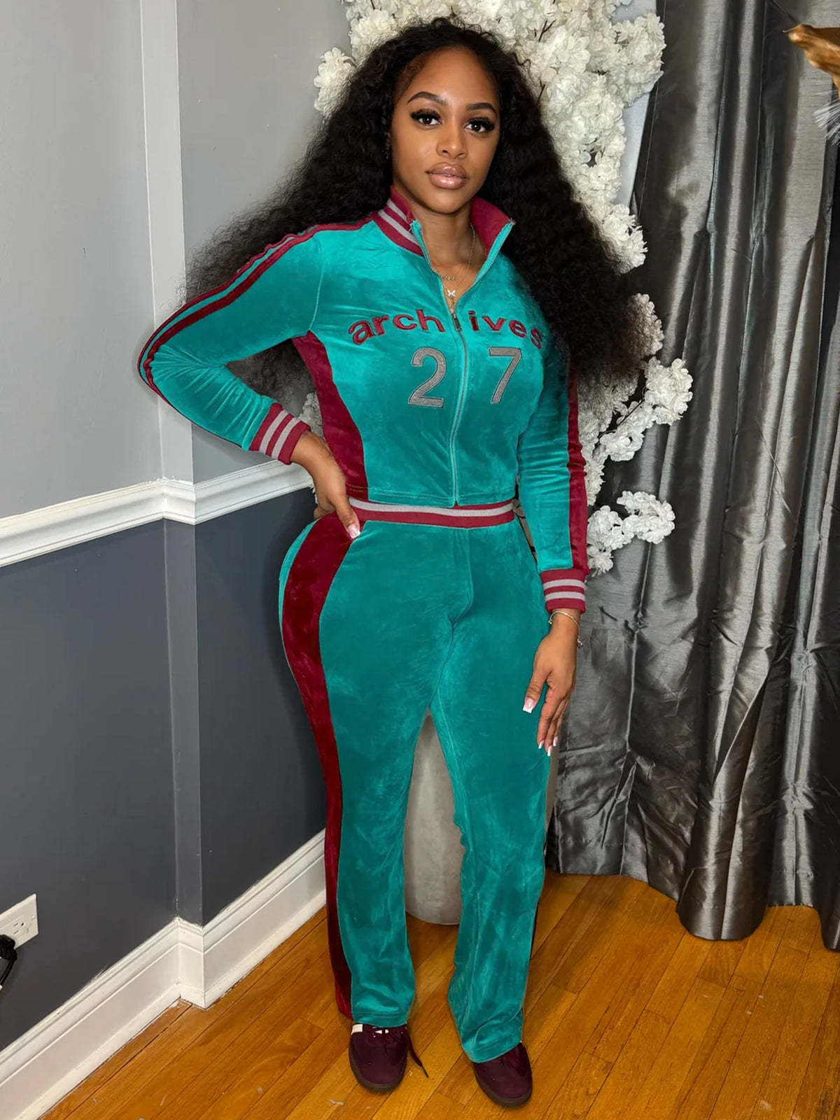 MB1735 Velour Cropped Jacket & Side‑Stripe Flare Pants 2‑Piece Set