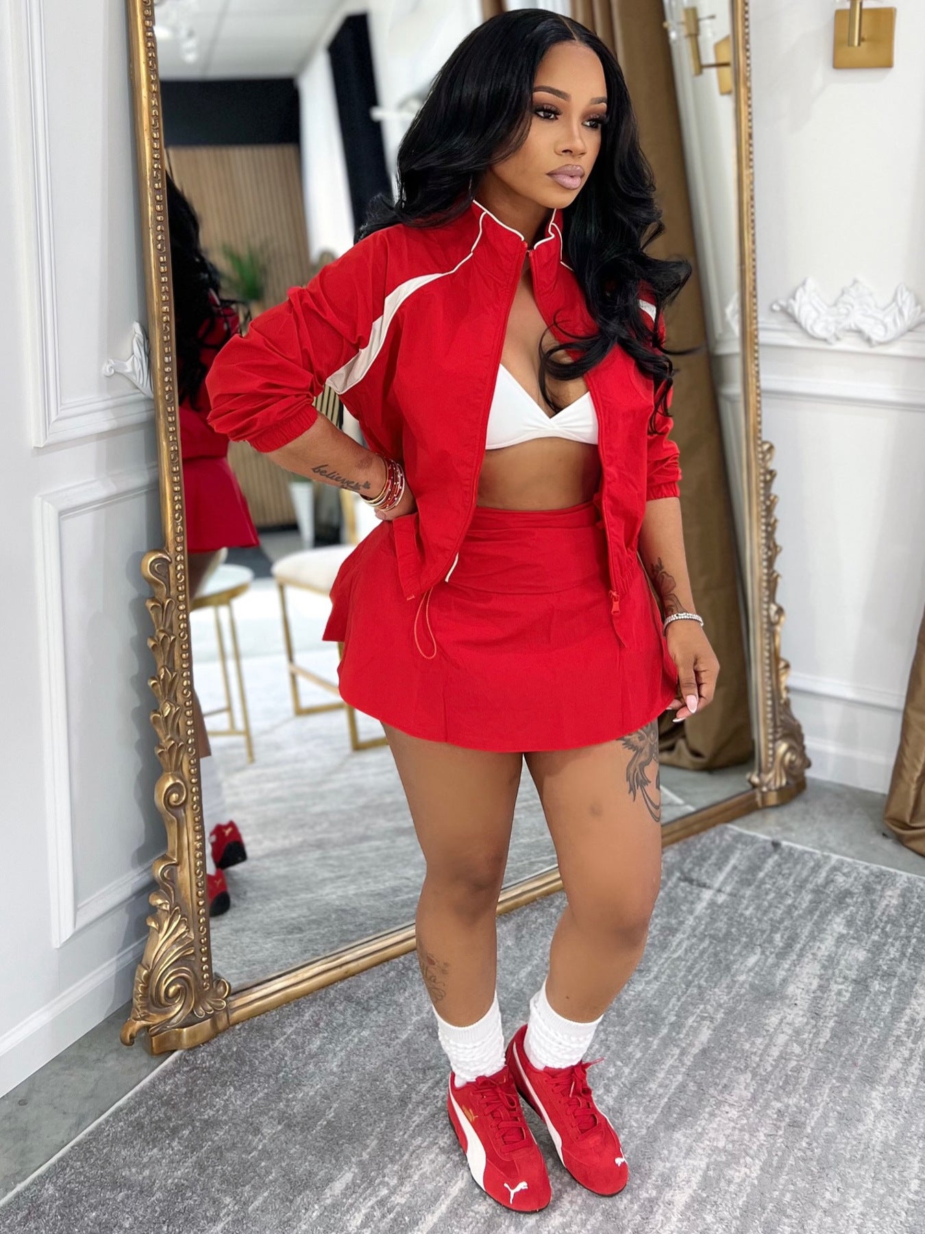 MB1728 Two Piece Tracksuit Set – Zip Up Crop Jacket & Lace Up Skort with Built-in Shorts