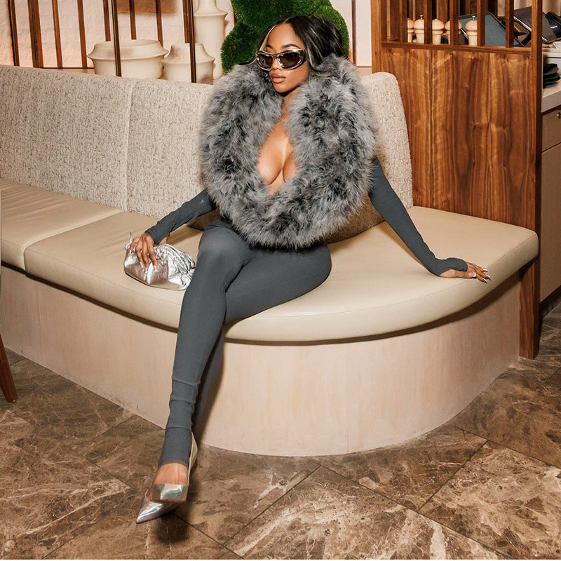 MB1065 Bodycon Jumpsuit with Faux Fur Collar & Footed Design