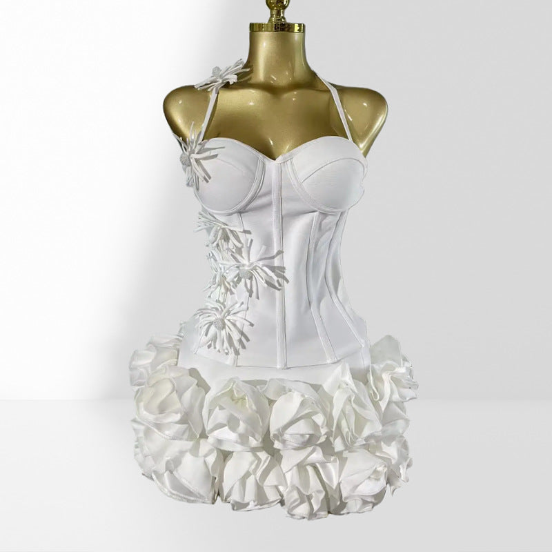 MB2110 3D Floral Ruffle Two‑Piece Bandage Set, Halter Top Mini Skirt utfit