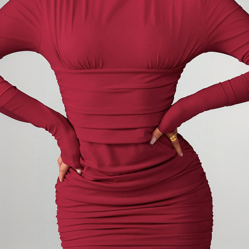 MB1435 Burgundy Turtleneck Ruched Bodycon Mini Dress - Long Sleeve Ruched Detail Evening Dress for Women