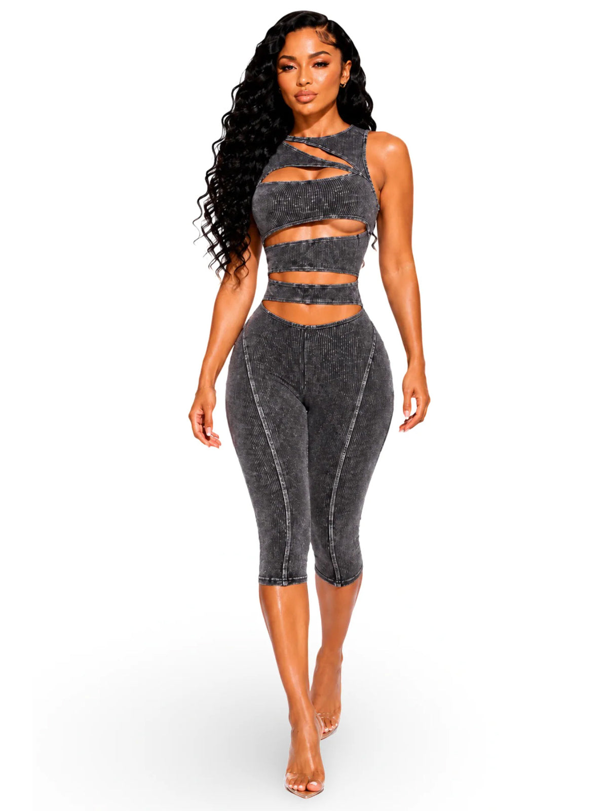MB1733 Washed Ribbed Cut‑Out Bodycon Sleeveless Capri Jumpsuit