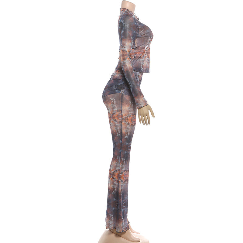 MB1826 Women's Sheer 2 Piece Set - Long Sleeve Top & Flared Mesh Pants