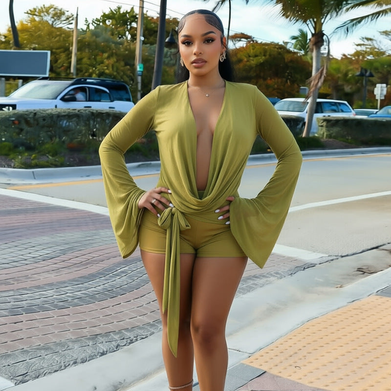MB10195 Women Mesh Flare‑Sleeve Romper