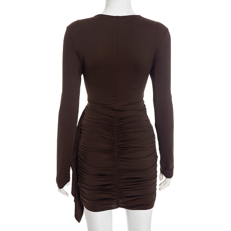 MB1442 Women's Ruched Draped Mini Dress with Long Sleeves