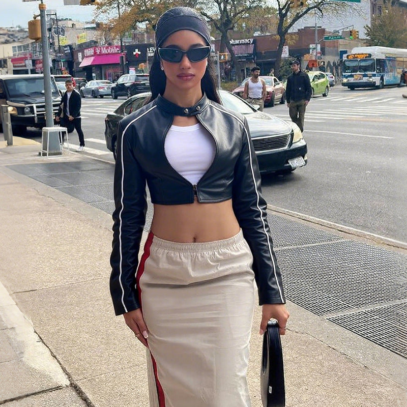 MB1529 Women's Faux Leather Zip Up Crop Jacket