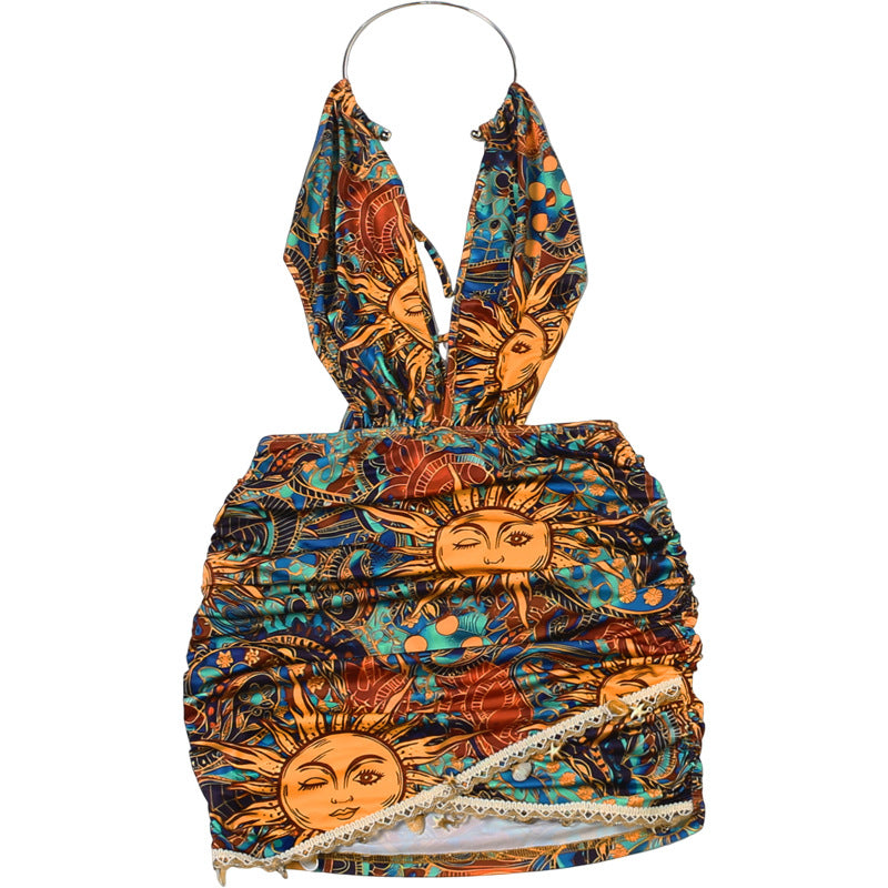 MB1535 Women's Halter Neck Deep V Cut Out Bodycon Mini Dress