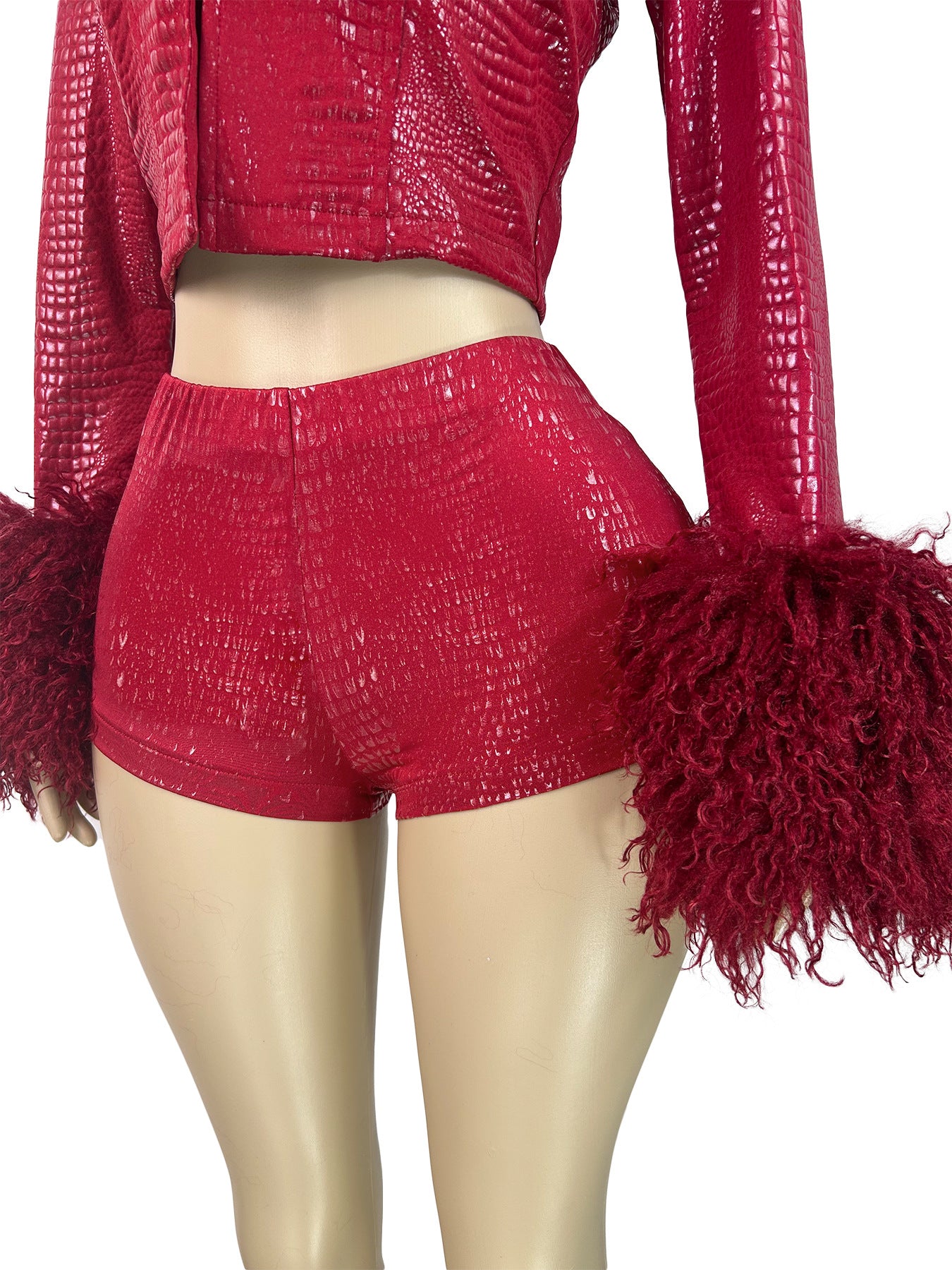 MB1726 Red Crocodile Print Faux Fur Trim 2 Piece Short Set | Cropped Jacket & Shorts