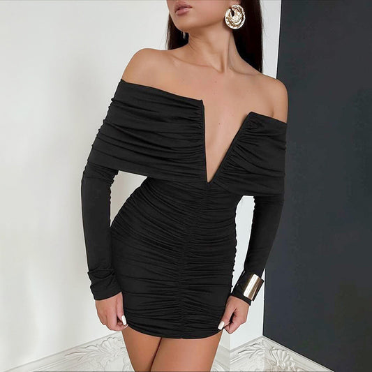 MB1410 Off-The-Shoulder Deep V Ruched Bodycon Mini Dress