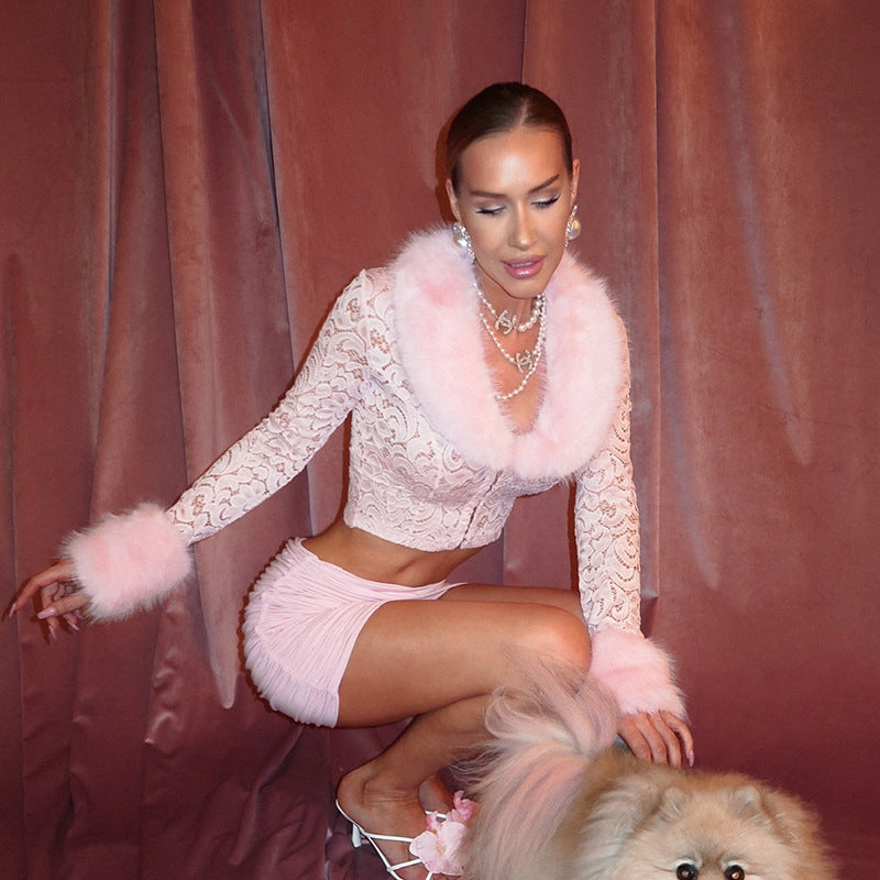MB10110 Pink Lace Faux Fur Collar Long Sleeve Cropped Top