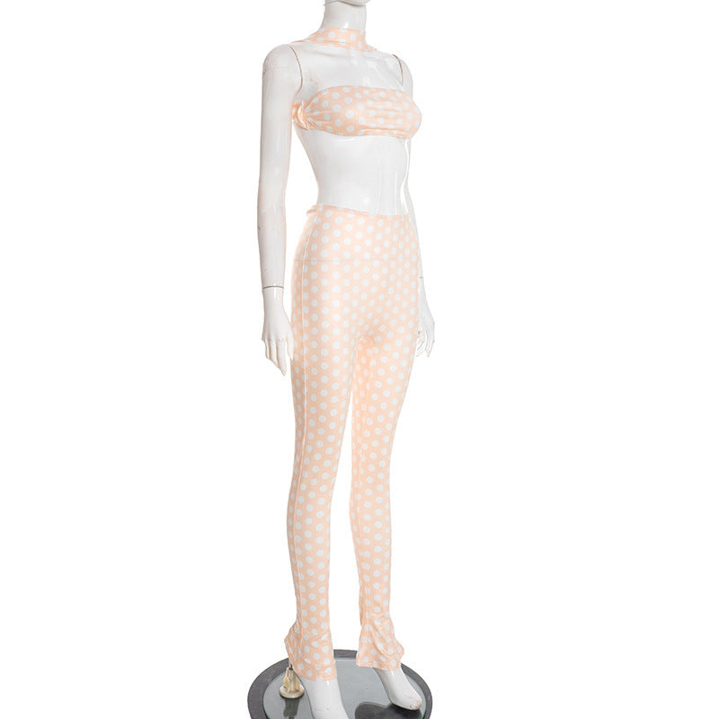 MB10168 Polka Dot 2 Piece Outfit Women | Halter Choker Tube Top & Ruched Flare Skinny Pants Matching Set