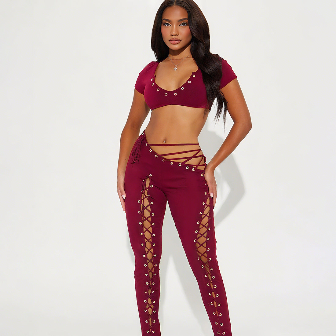 MB1807 Women's Nude Halter Bandeau Crop Top & Waist-Leg Lace-Up High-Waist Leggings Two-Piece Outfit