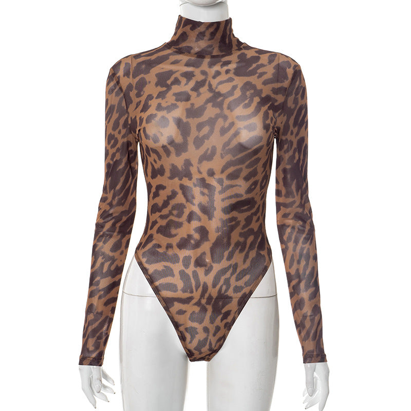 MB1060 Leopard Mesh Jumpsuit & Leggings Two-Piece Set for Women