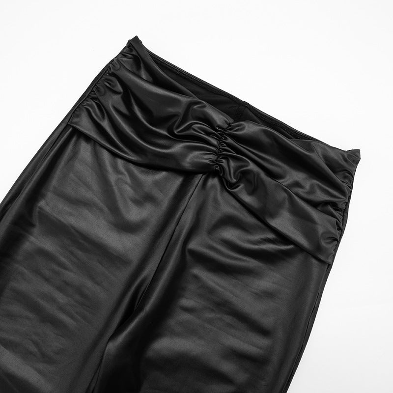 MB1089 Women's Faux Leather Ruched High Waist Pants