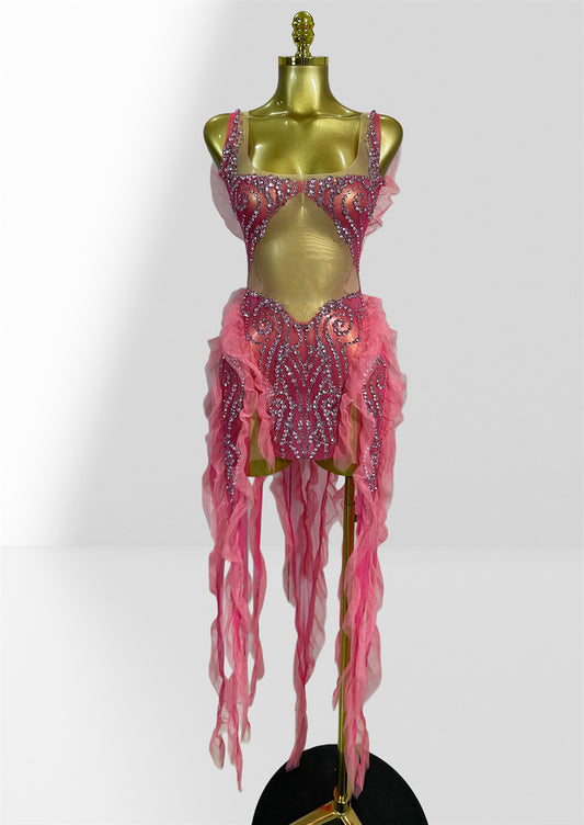 MB2109 Pink Rhinestone Mesh Dress, Ruffle Tulle Fringe Party Latin Dance Performance Gown