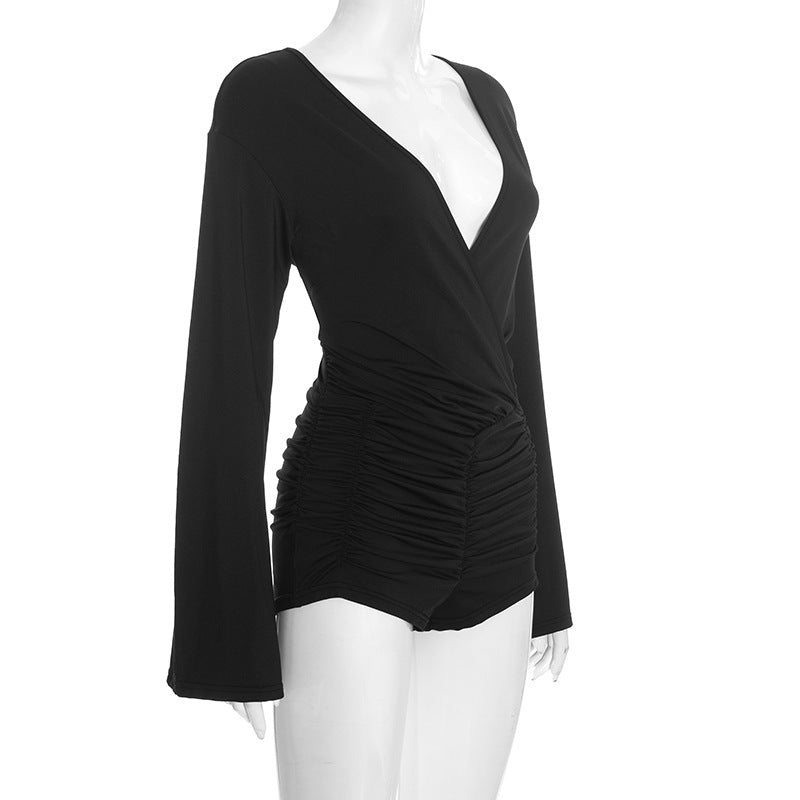 MB1451 Black Plunge V Neck Ruched Romper