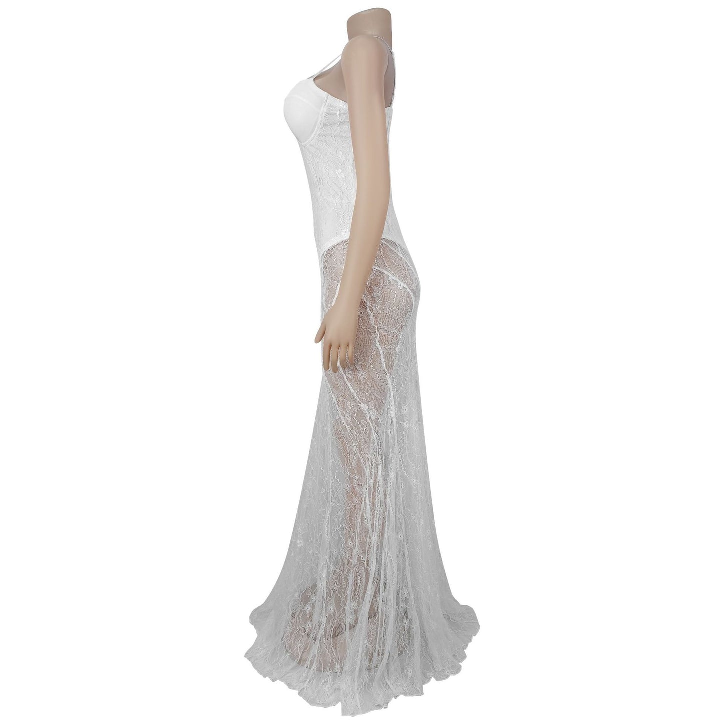 MB1626 Women's  Lace Spaghetti Strap Sheer Maxi Dress