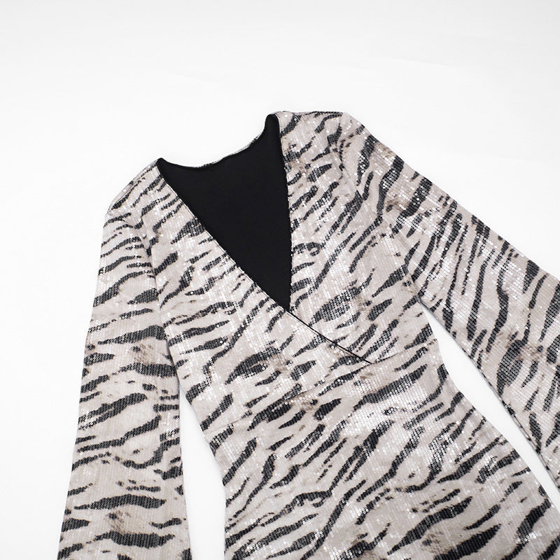 MB1427 Snake Print Sequin Mini Dress with Flared Bell Sleeves