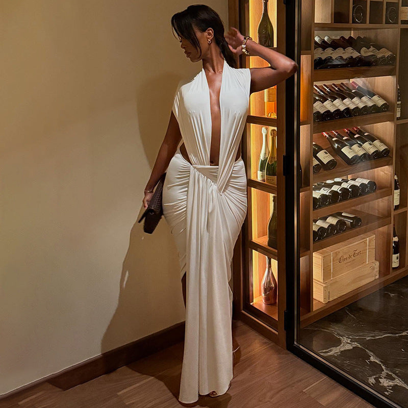 MB10133 Women's Charcoal Halter Twist Cutout Ruched Dress