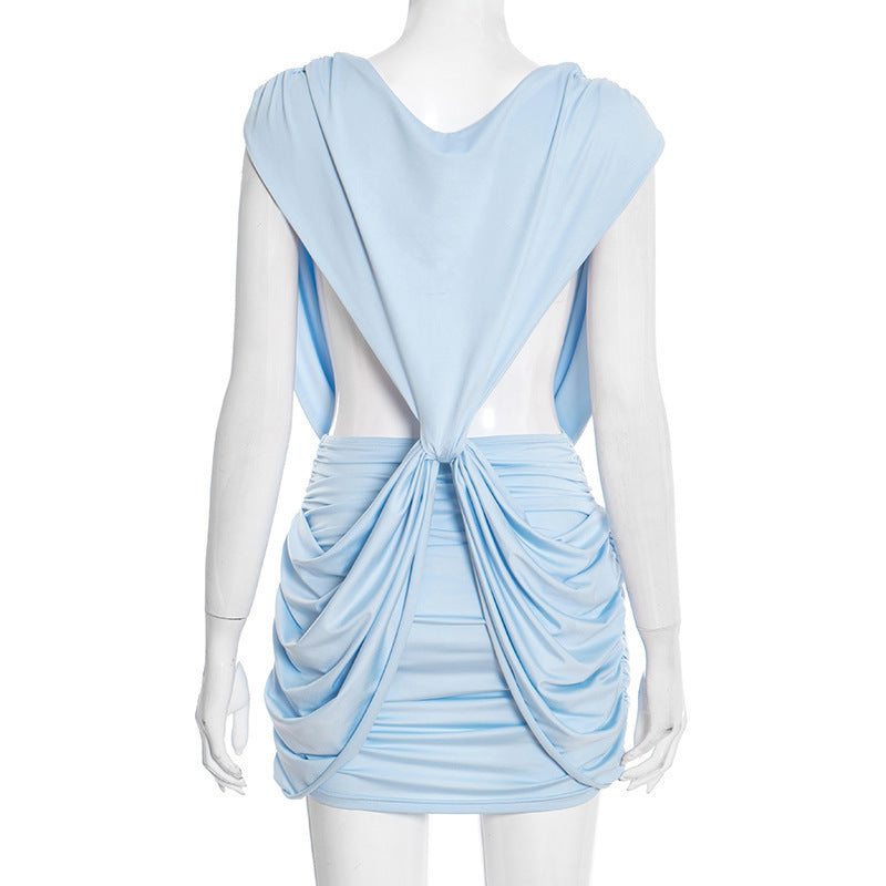 MB1462 Deep‑V Halter Draped Knot‑Front Backless Ruched Bodycon Mini Dress