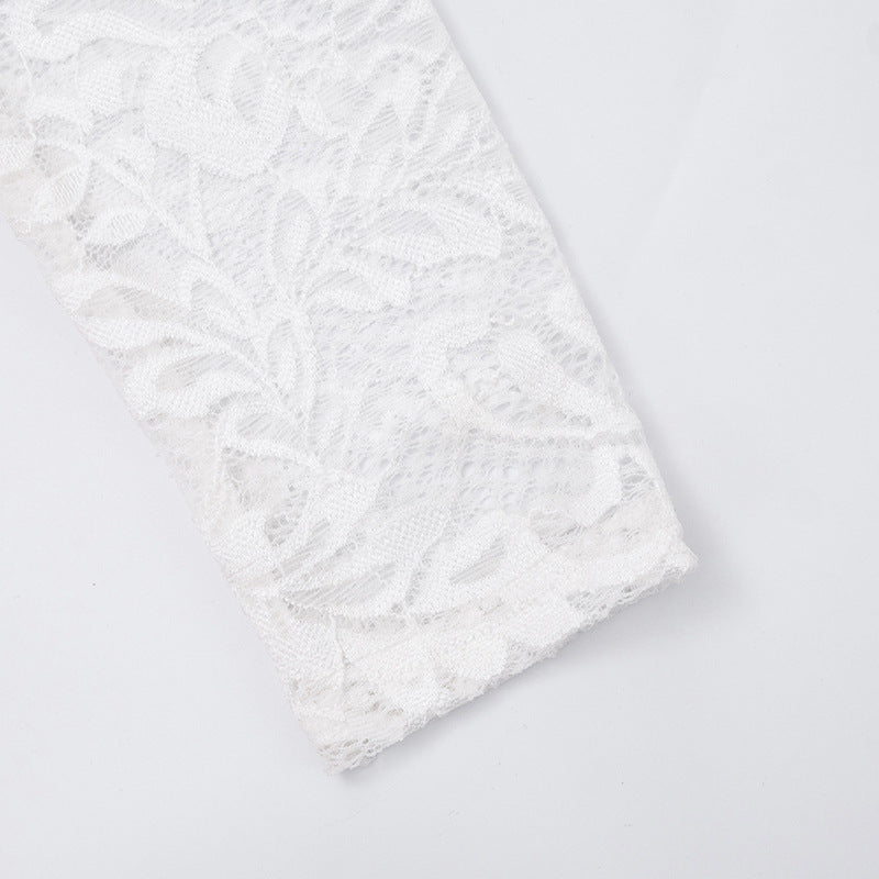 MB10119 White Lace Open Back Jumpsuit - Red Polka Dot Legs Party Romper